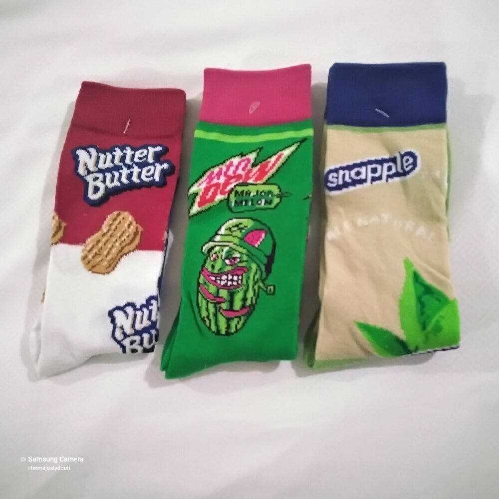 3 Pair Novelty Crew Socks Snapple, Nutter Butter, Mtn Dew Major Melon Men 6-12